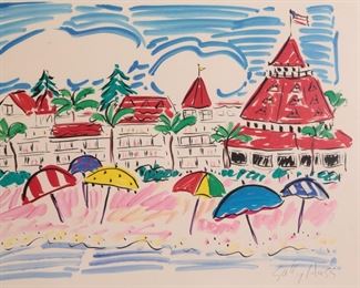 Signed Sally Huss Beach Side Hotel Litho Framed Art Print 13 x 15.75in