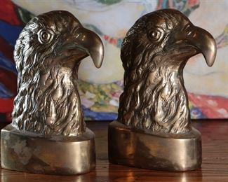 2pc Brass Eagle Head Bookends PAIR 8.5 inches high.
