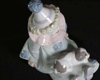 Lladro 5277 Pierrot Clown with Puppy Dog on Lap Porcelain Figurine 4.5 inches high.