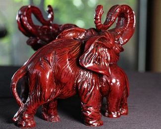 2pc Cinnabar Resin Elephants Asian 5 inches high