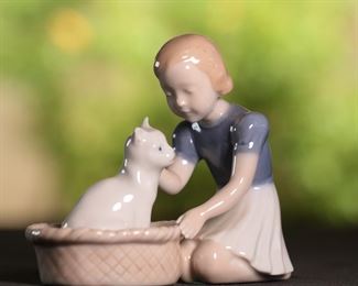 B&G Bing & Grondahl Denmark 2249 Girl with Cat in Basket Porcelain Figurine 3.75 inches high.