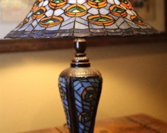 Modern Tiffany Style Peacock Feather Lamp Slag Stained Glass	22 x 15.5 diameter.	
