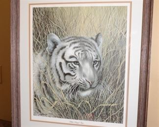 Signed Numbered Imogene Farnsworth White Bengal Tiger Litho Framed Art Print 	Frame: 32.5 x 28in	