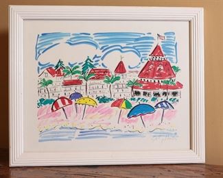 Signed Sally Huss Beach Side Hotel Litho Framed Art Print 	13 x 15.75in 	