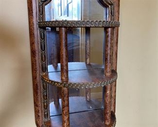 Hand Cared Wood Wall Shelf with Mirror Back 	32 x 14 x 7.5in	
