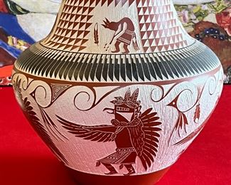 A&V Arthur and Velma Lucario Laguna Etched Pottery Native American	12.75 x 7in diameter at rim	
