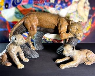 3pc Jiang Tie-Feng Bronze Leopard Family Sculpture Tie Feng Jiang TieFeng 	Largest: 16 x 29.5 x 18in	
