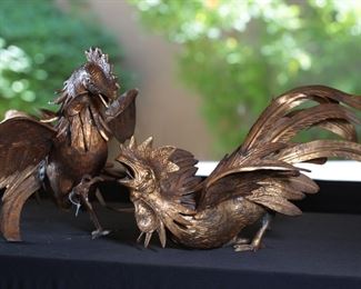2pc Vintage Metal Fighting Roosters PAIR	10 inches high	
