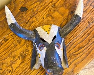 Rustic Mexican Folk Art Carved Wood Bull Horns Head	16 x 16 x 7in	HxWxD

