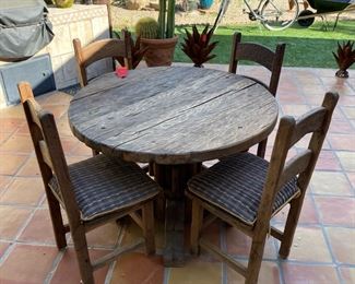 Rustic Wood Patio Table with/ 4 Chairs	Table: 31.5 in H x 43in Diameter 	
