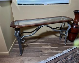 Iron Wood Glass Slender Console  Table	30 x 55 x 17.5in	HxWxD
