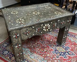 Ornate Moroccan Metal Inlay table	26 x 39 x 26.5in	HxWxD
