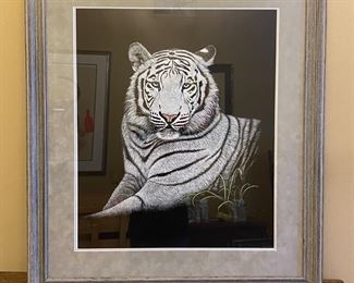 Deborah Liszt White Tiger Hand Colored Litho Framed Art Print Scratchboard Artwork 	Frame: 33x29.25in	
