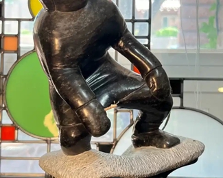 Fisherman Inuit Eskimo Carved Soapstone Sculpture Signed Seal Hunter 	14x8x4in	HxWxD