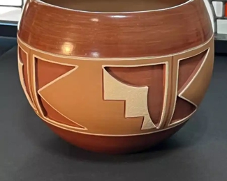 Dominguita Sisneros Naranjo Ohkay Owingeh (San Juan) Redware Pot Incised  Bowl Redware Pottery Native American 	6.5in H x 6.5in Diameter at rim	
