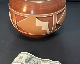 Dominguita Sisneros Naranjo Ohkay Owingeh (San Juan) Redware Pot Incised  Bowl Redware Pottery Native American 	6.5in H x 6.5in Diameter at rim	
