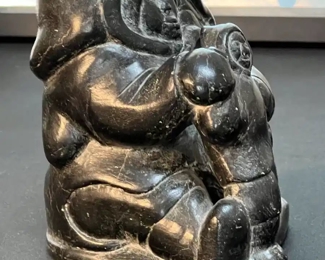 Mother & Child  Inuit Eskimo Carved Soapstone Sculpture Signed  	5x4.5x4.5in	
