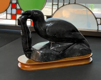 Bird with Fish Inuit Eskimo Carved Soapstone Sculpture Signed  	6.5 x 3 x 9.in	HxWxD
