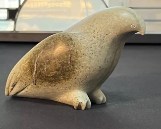 Bird Inuit Eskimo Carved Soapstone Sculpture Signed  Grey	4.5 x 3 x 6.5.in	HxWxD
