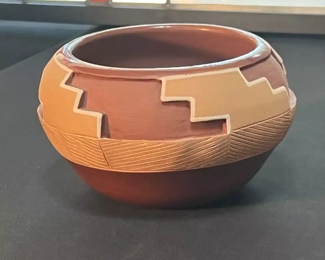 Dominguita Sisneros Naranjo Ohkay Owingeh (San Juan) Redware Pot Incised  Bowl Redware Pottery Native American 035	4 x 4.25in at rim	
