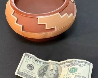 Dominguita Sisneros Naranjo Ohkay Owingeh (San Juan) Redware Pot Incised  Bowl Redware Pottery Native American 035	4 x 4.25in at rim	
