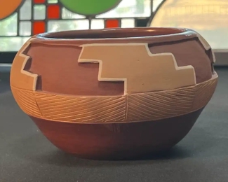 Dominguita Sisneros Naranjo Ohkay Owingeh (San Juan) Redware Pot Incised  Bowl Redware Pottery Native American 035	4 x 4.25in at rim	

