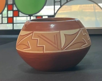 Dominguita Sisneros Naranjo Ohkay Owingeh (San Juan) Redware Pot Incised  Bowl Redware Pottery Native American 036	4 x 4in diameter at rim	
