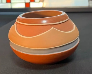 Dominguita Sisneros Naranjo Ohkay Owingeh (San Juan) Redware Pot Incised  Bowl Redware Pottery Native American 040	3.5 x 3in diameter at rim.	
