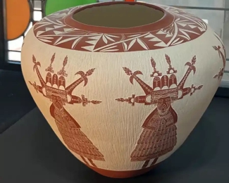 Large Bert Jojola Isleta Pueblo Kachina Etched Pot Native American Pottery Berta	10 x 5.25in diameter at opening.	
