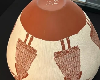 Large Bert Jojola Isleta Pueblo Kachina Etched Pot Native American Pottery Berta	10 x 5.25in diameter at opening.	
