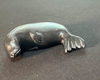 Inuit Eskimo Carved Seal Soapstone Sculpture Signed  	3in Long	
