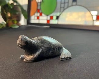 Inuit Eskimo Carved Seal Soapstone Sculpture Signed  #2	4in Long	
