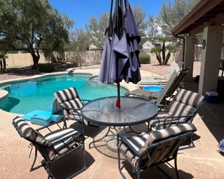 AS-IS 6-pc Patio Table & Chairs	Table: 27  x 48 in diameter  	
