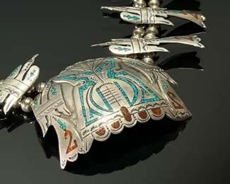 Vintage Navajo Peyote Bird Squash Blossom Necklace Crushed Turquoise & Coral Silver Native American 