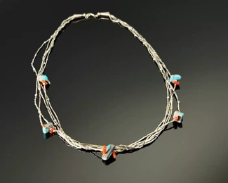 Native American Liquid Silver Turquoise & Coral Multi-strand Necklace 