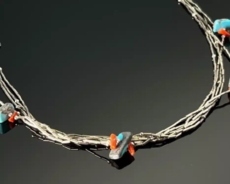 Native American Liquid Silver Turquoise & Coral Multi-strand Necklace 
