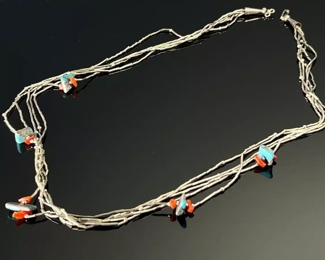Native American Liquid Silver Turquoise & Coral Multi-strand Necklace 