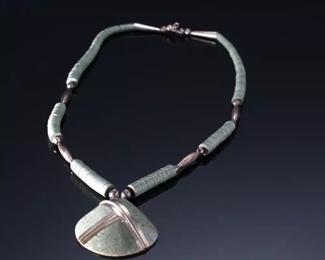 Vintage Santo Domingo Silver Turquoise Mosaic Inlay Shell Beaded Heishi Necklace