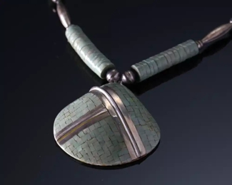 Vintage Santo Domingo Silver Turquoise Mosaic Inlay Shell Beaded Heishi Necklace