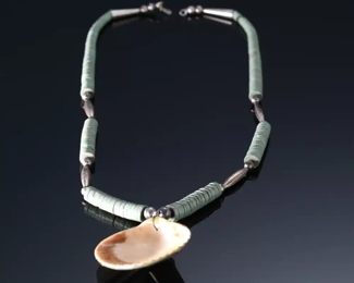 Vintage Santo Domingo Silver Turquoise Mosaic Inlay Shell Beaded Heishi Necklace