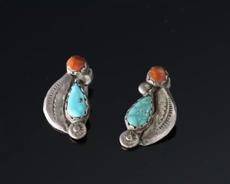Navajo Silver Turquoise & Coral Leaf Design Earrings Clip on 