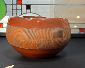 Dominguita Sisneros Naranjo Ohkay Owingeh (San Juan) Incised Pot Bowl Redware Pottery Native American 	5.5x8in Diameter	
