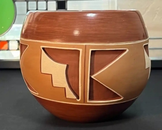 Dominguita Sisneros Naranjo Ohkay Owingeh (San Juan) Redware Pot Incised  Bowl Redware Pottery Native American 6.5in H x 6.5in Diameter at rim	

