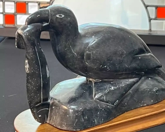 Bird with Fish Inuit Eskimo Carved Soapstone Sculpture Signed  	6.5 x 3 x 9.in	HxWxD
