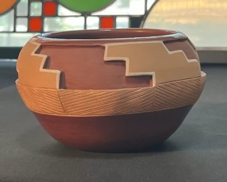 Dominguita Sisneros Naranjo Ohkay Owingeh (San Juan) Redware Pot Incised  Bowl Redware Pottery Native American 035	4 x 4.25in at rim	
