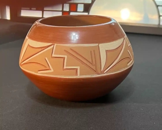 Dominguita Sisneros Naranjo Ohkay Owingeh (San Juan) Redware Pot Incised  Bowl Redware Pottery Native American 036	4 x 4in diameter at rim	
