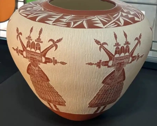 Large Bert Jojola Isleta Pueblo Kachina Etched Pot Native American Pottery Berta	10 x 5.25in diameter at opening.	
