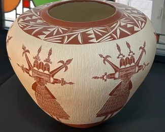 Large Bert Jojola Isleta Pueblo Kachina Etched Pot Native American Pottery Berta	10 x 5.25in diameter at opening.	
