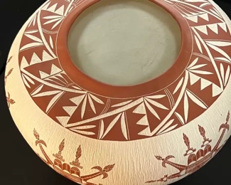 Large Bert Jojola Isleta Pueblo Kachina Etched Pot Native American Pottery Berta	10 x 5.25in diameter at opening.	

