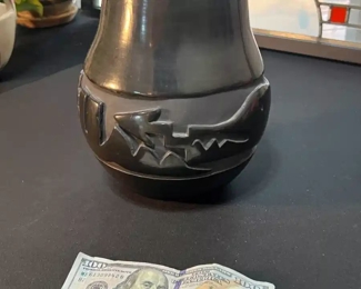 Mida Tafoya Santa Clara Pueblo Blackware Serpent Vase Native American Pottery 	8.25 x 4in diameter at opening	
